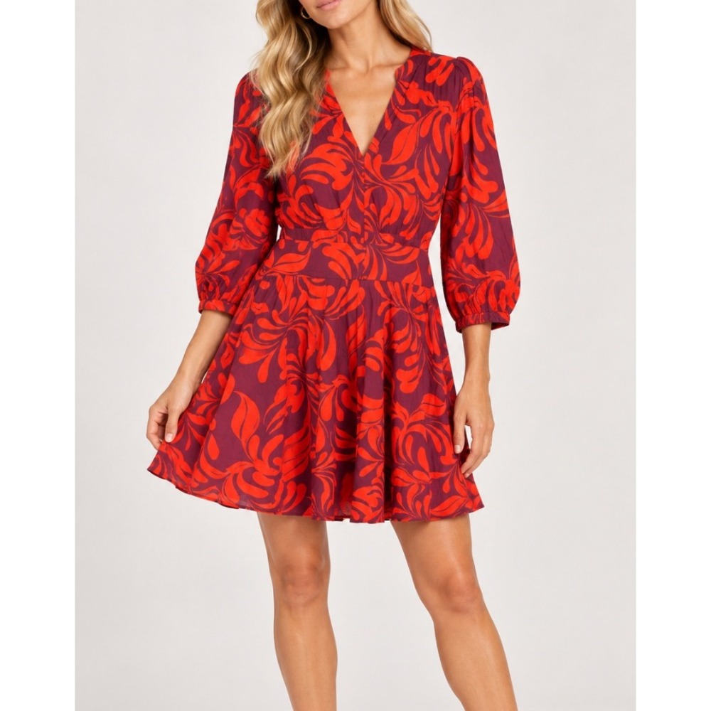 Purotatto Italy Abito Red Purple Swirl Leaf Print V-Neck Cotton Mini Dress 48
